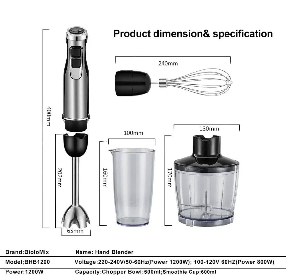 BioloMix Mixeur Plongeant 1200W Turbo 6 Vitesses Bol